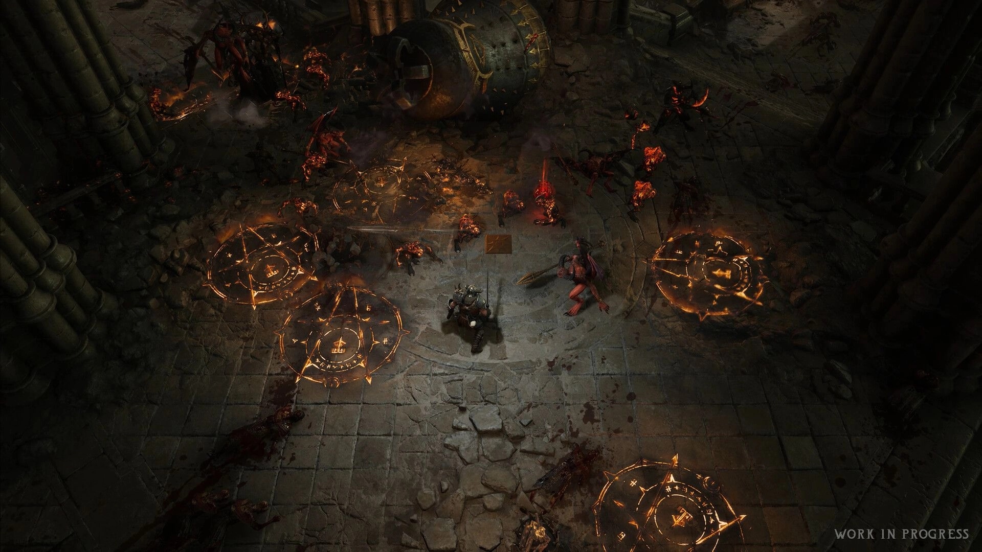 Wolcen 2: Armored hero surrounded by demons and glowing sigils in a ruined stone temple hall.
