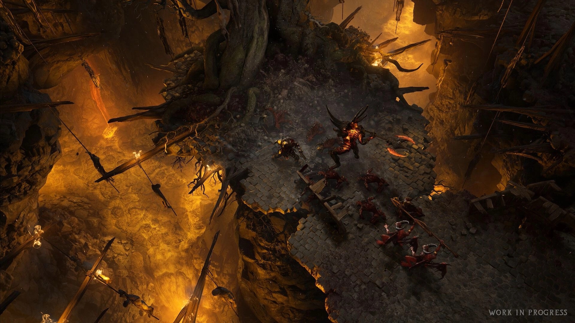 Wolcen 2: Hero battles horned demons on a crumbling stone bridge over glowing lava chasm.
