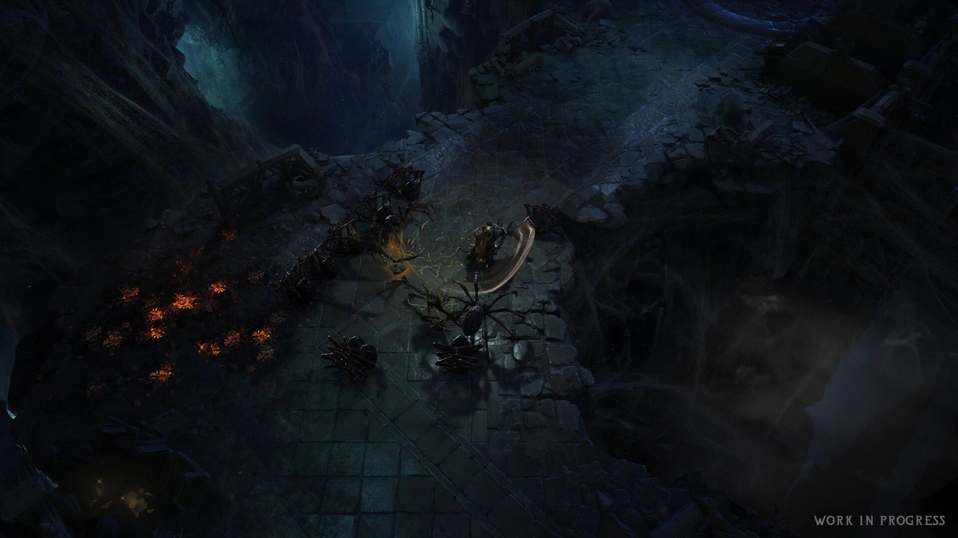 Wolcen 2: Warrior slashes giant spiders on cracked stone bridge in a dark, misty cavern abyss.