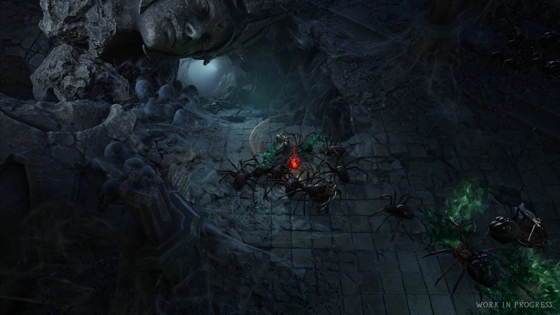 Wolcen 2: Armored hero battles giant spiders amid cobwebbed stone ruins and eerie green mist.
