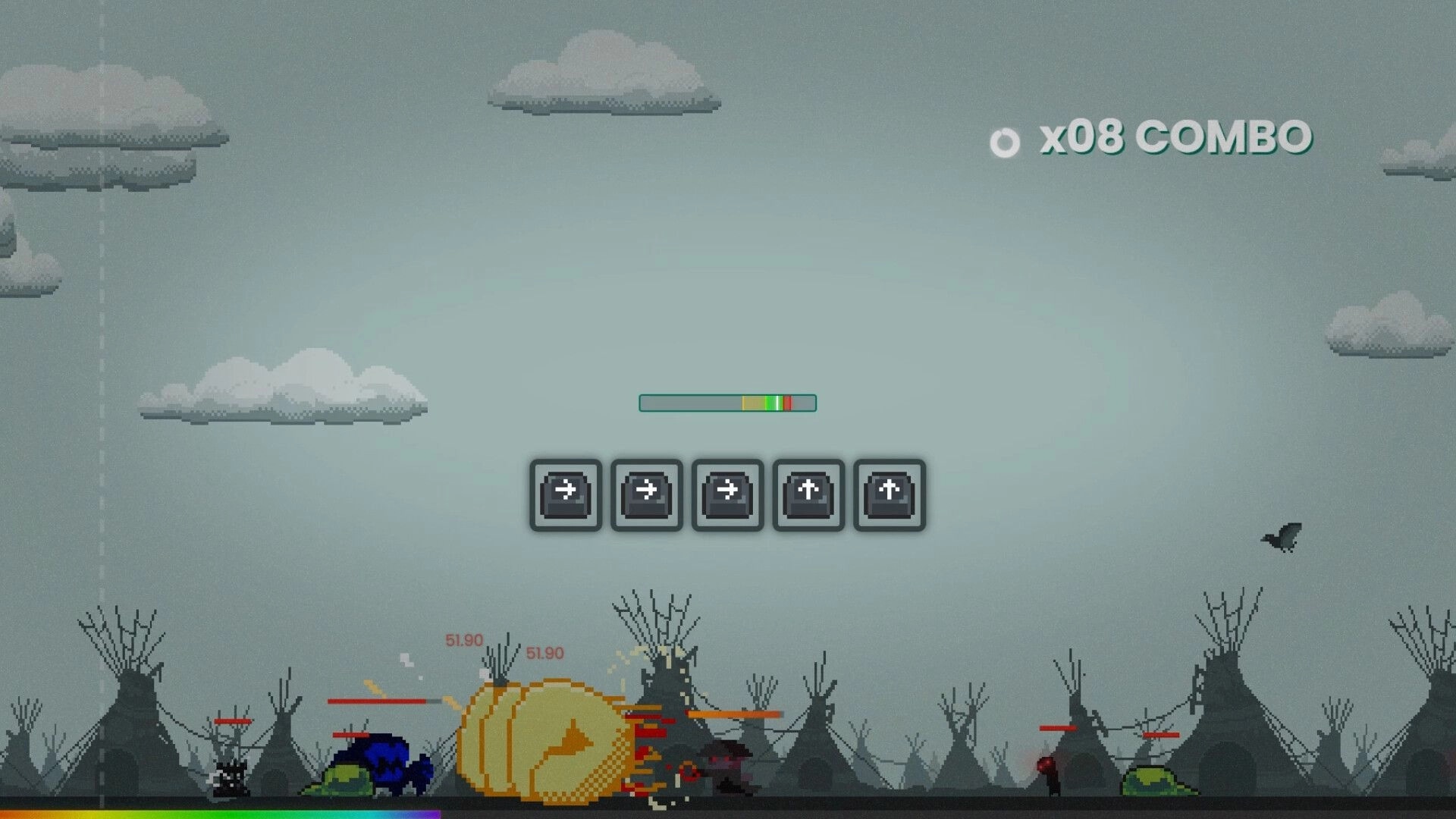 WomboCombo: Player battles mobs with key sequence input, achieving x08 combo in a pixelated wasteland.