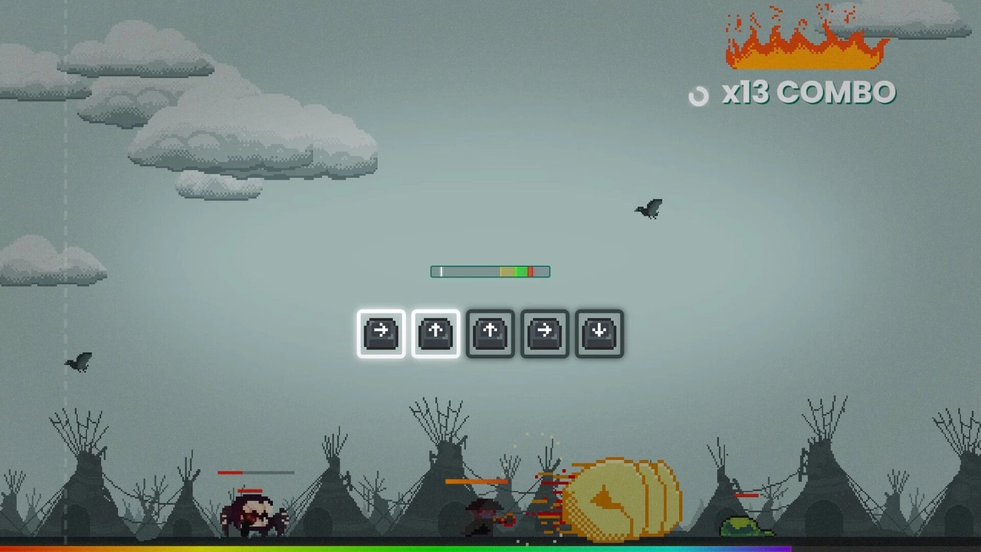 WomboCombo: Player executes key sequence against enemies in a cloudy, barren landscape with tents.