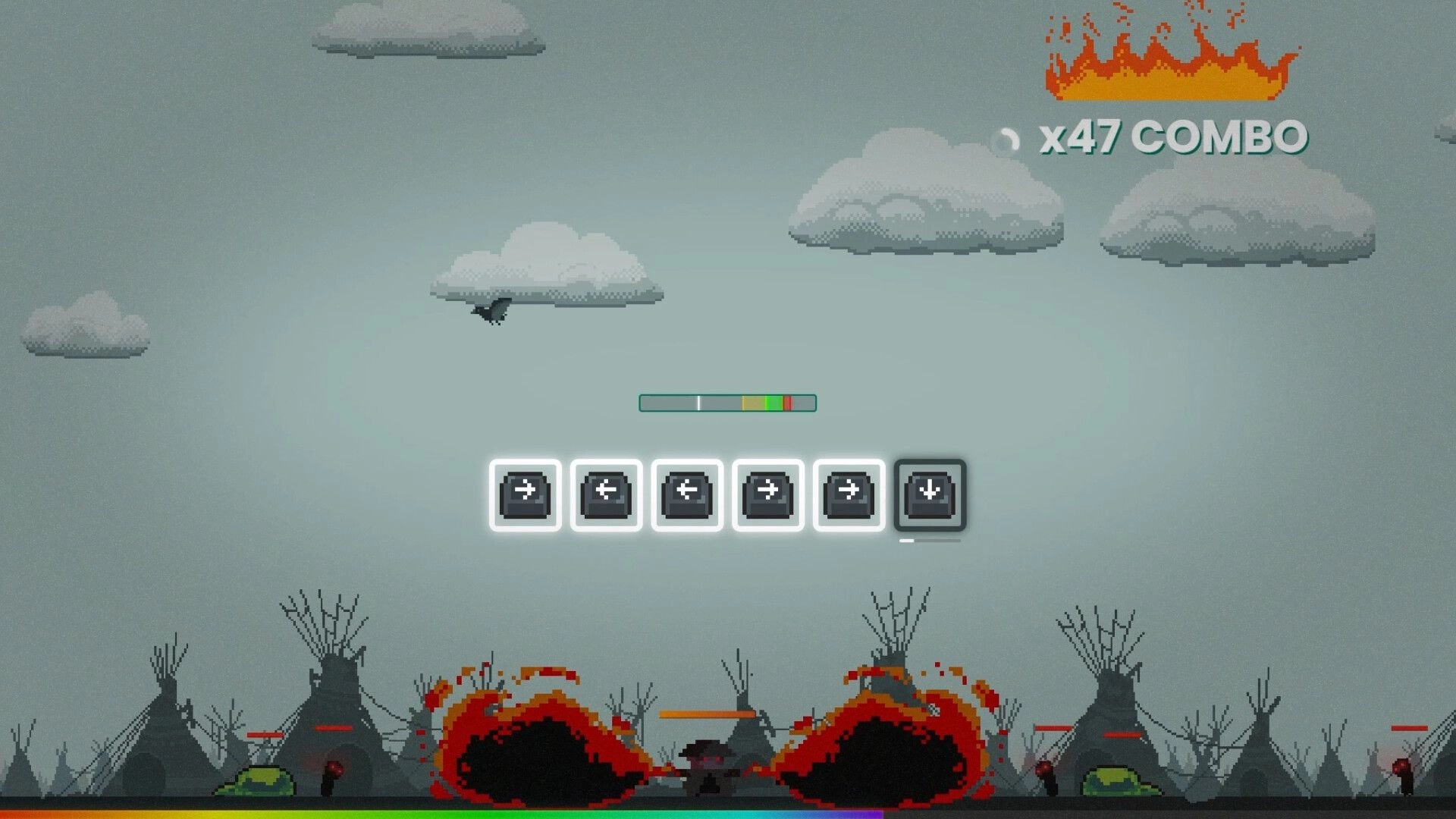 WomboCombo: Character fights mobs with key sequence in a cloudy landscape, achieving x47 combo