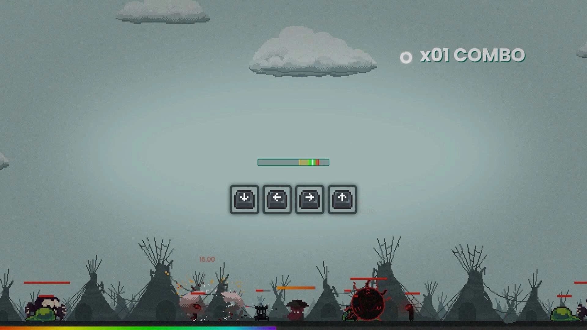 WomboCombo: Combat with mobs in a bleak landscape, HUD shows key sequence and combo count