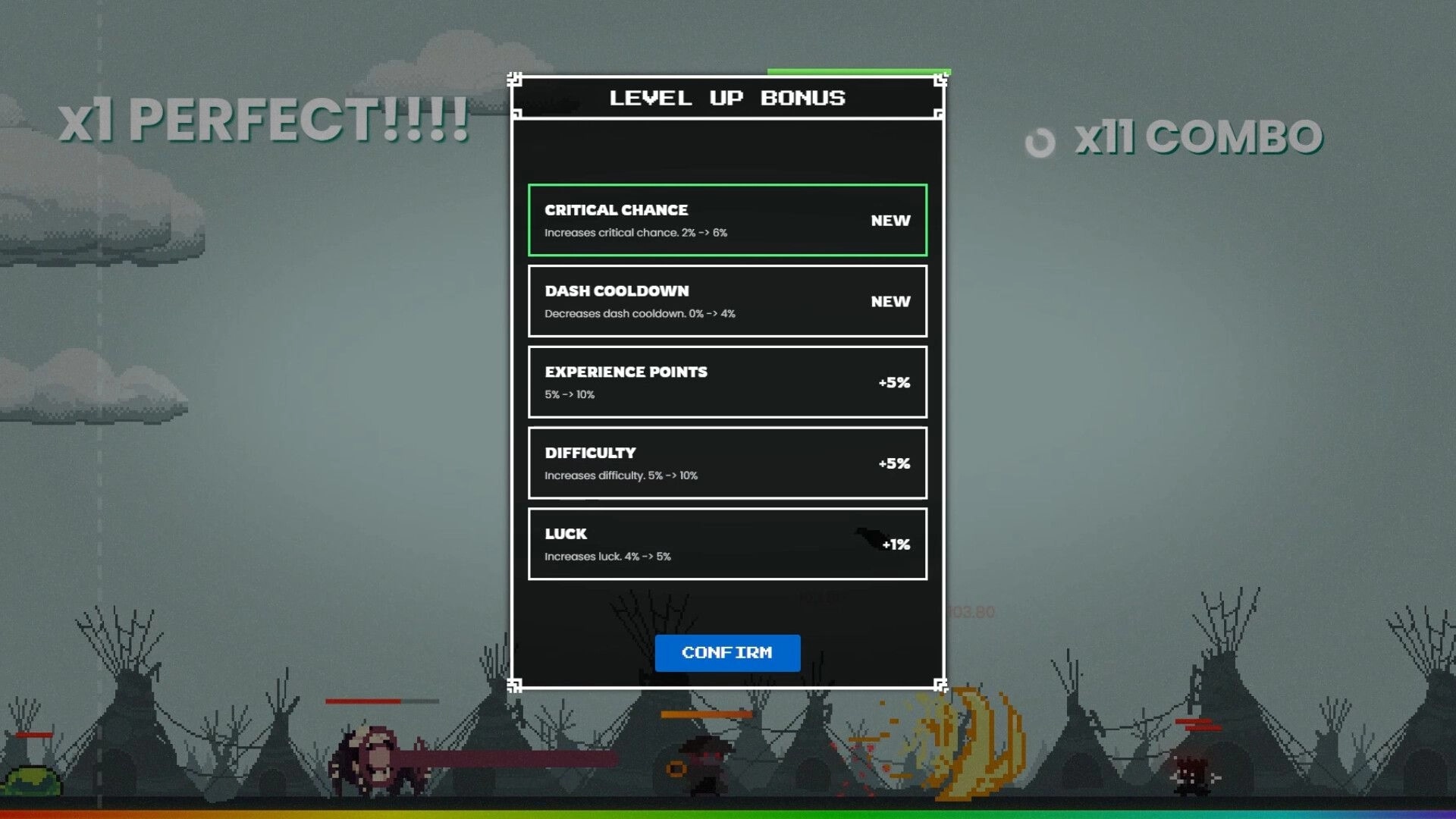 WomboCombo: Level up bonus menu with critical chance, dash cooldown options in pixelated battlefield.