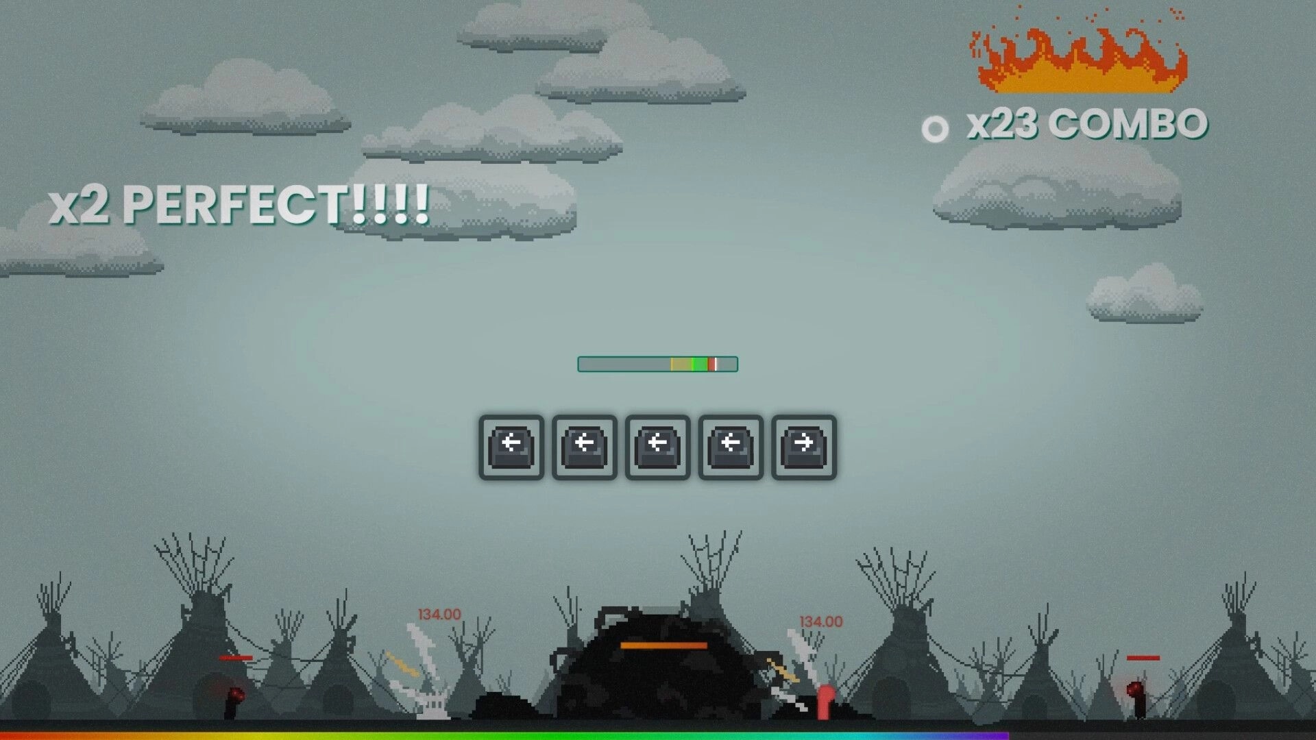 WomboCombo: Player achieves x2 perfect combo in cloudy village with key sequence and enemy mobs visible.