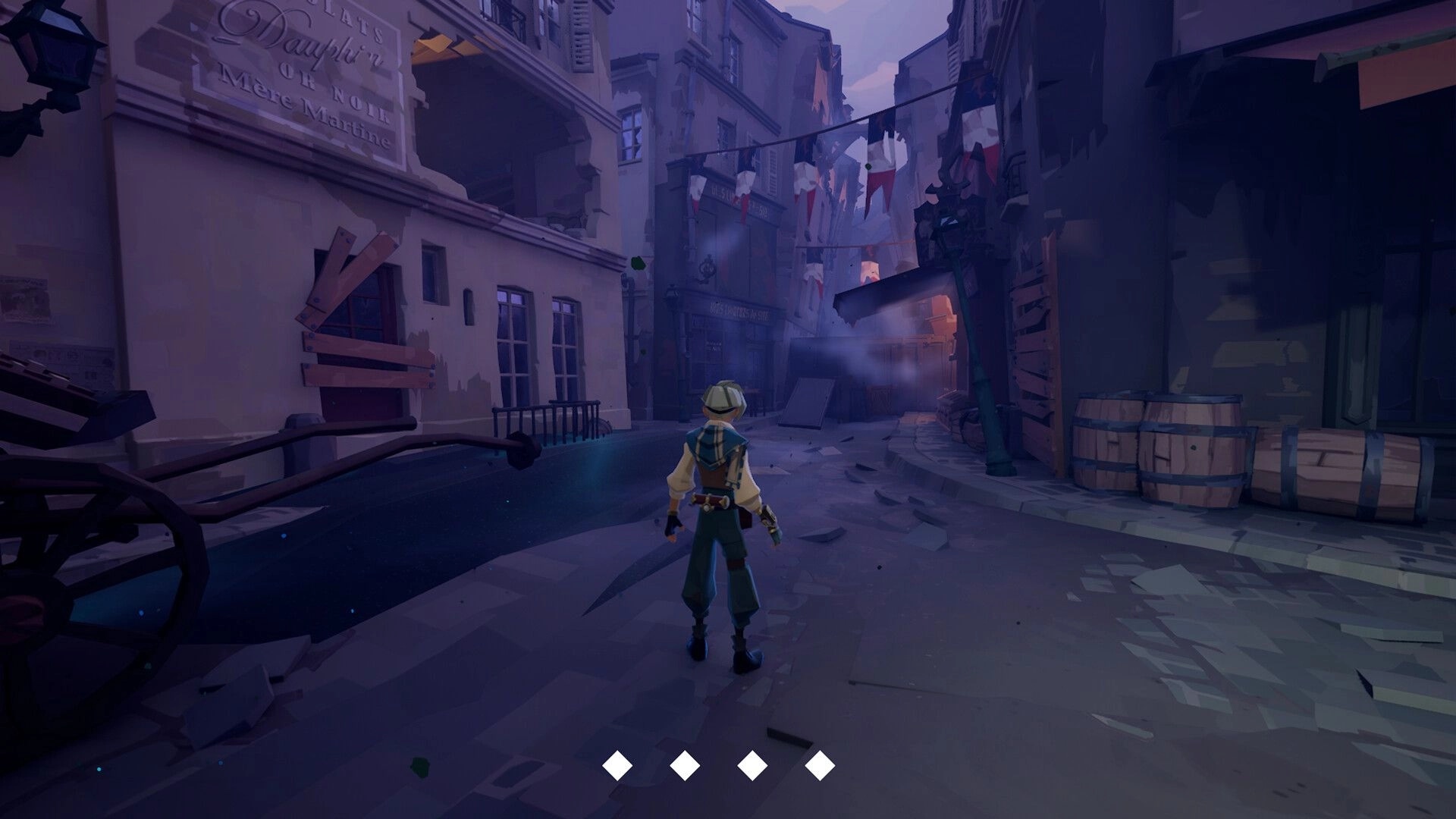 Wonderfall: Third-person explorer stands in a ruined Paris street with debris, barrels, and bunting flags.