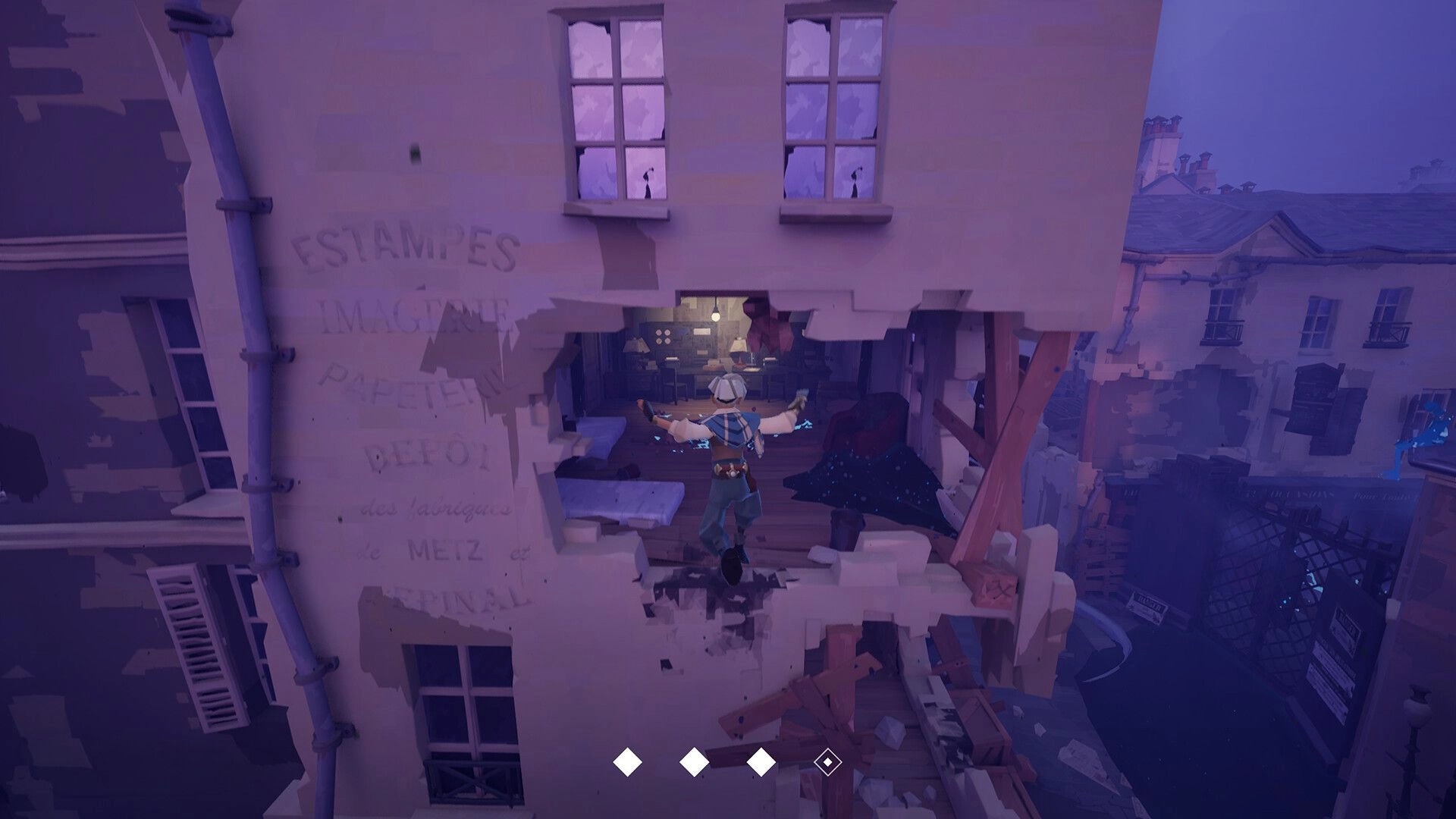 Wonderfall: Léon jumps through a shattered wall into a lit room amid crumbling Paris rooftops at dusk.