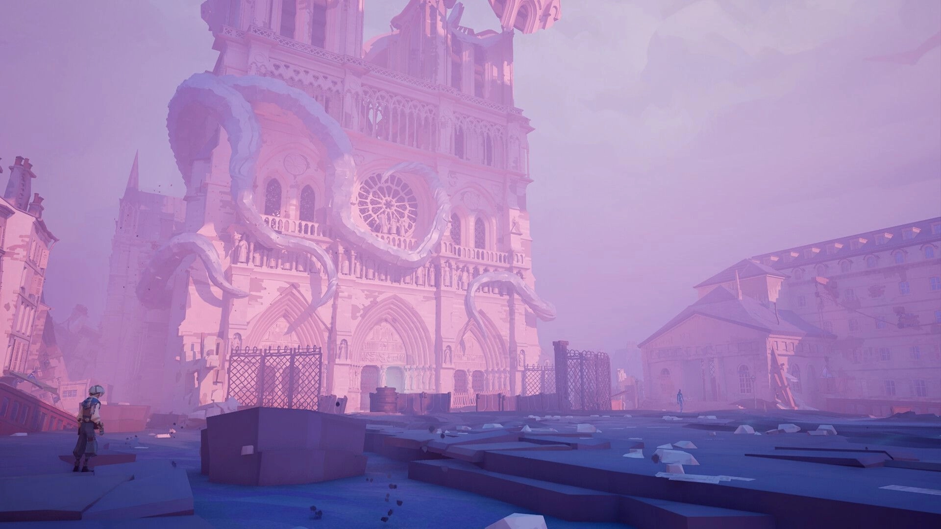 Wonderfall: Lone explorer facing a ruined cathedral with huge tentacles amid foggy, shattered streets.