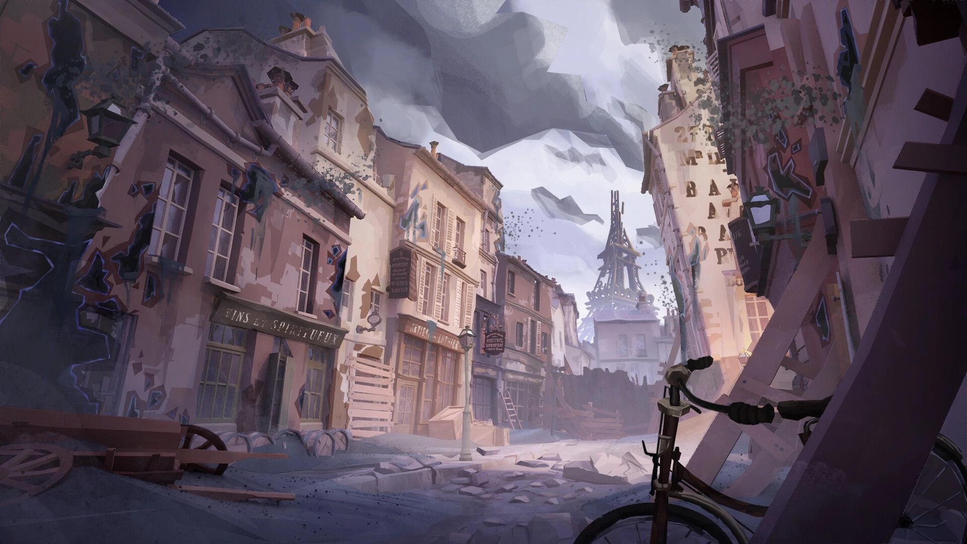 Wonderfall: Empty Paris street of crumbling buildings and drifting sand, Eiffel Tower silhouette ahead.