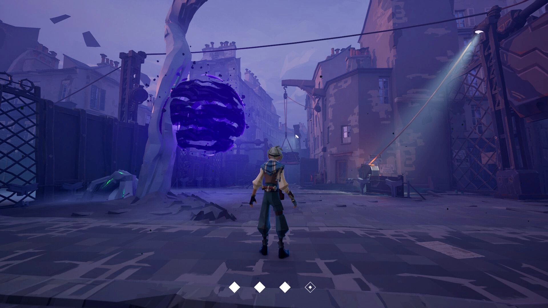 Wonderfall: Léon faces a swirling purple anomaly in a ruined Paris street, minimal HUD icons below.