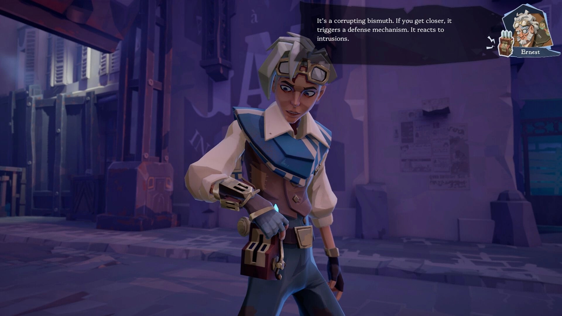 Wonderfall: Close-up of Léon during dialogue with Ernest, standing in a dim Paris alleyway ruins.