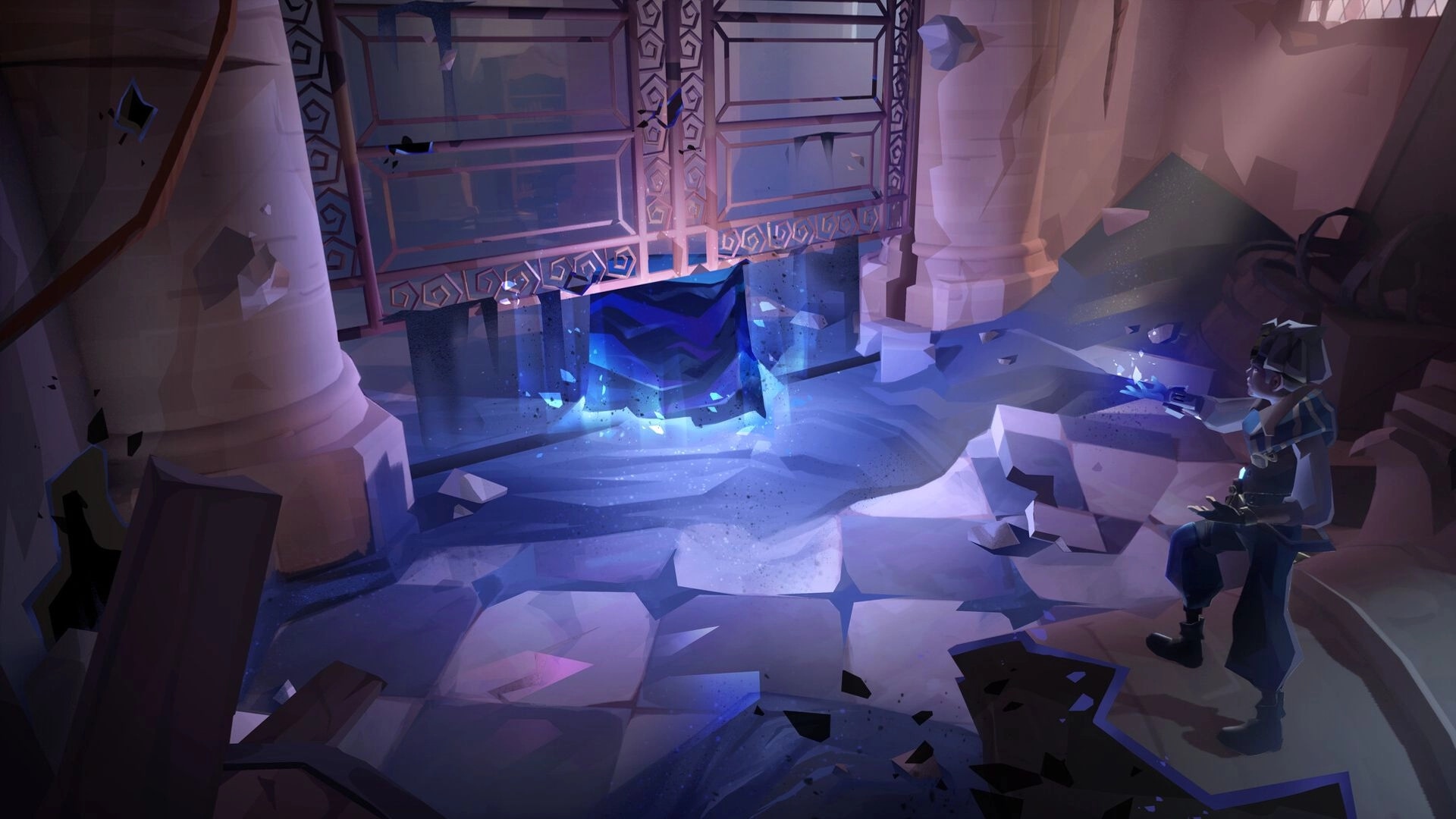 Wonderfall: Léon channels blue sand magic at a floating shard in a cracked, columned hall interior.