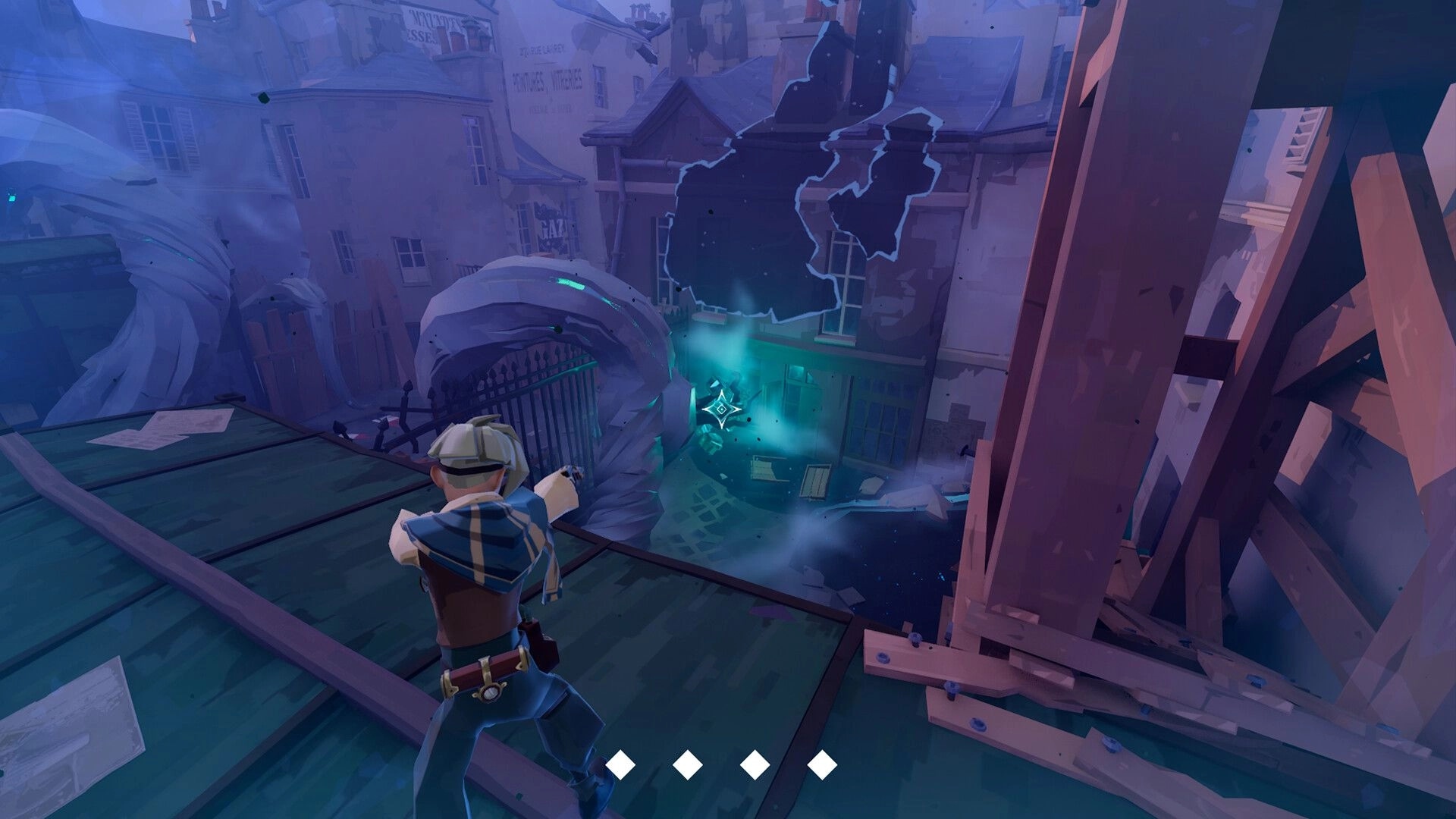 Wonderfall: Character aims at glowing blue sand vortex from rooftop overlooking warped Parisian street ruins.