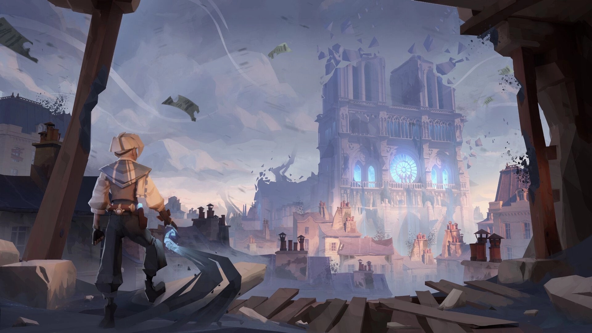 Wonderfall: Léon stands on a ruined rooftop facing Notre-Dame as sand and debris swirl in stormy skies.