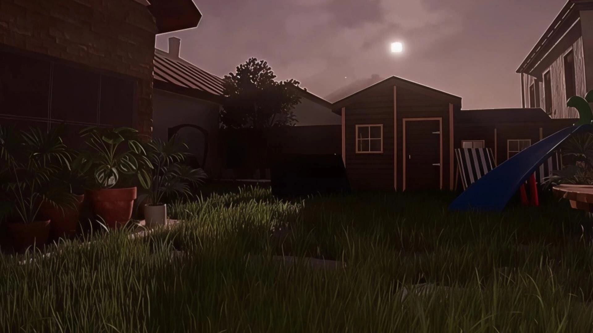 Wonderland: Overgrown backyard at dusk with a small shed, slide, and potted plants under a cloudy sky