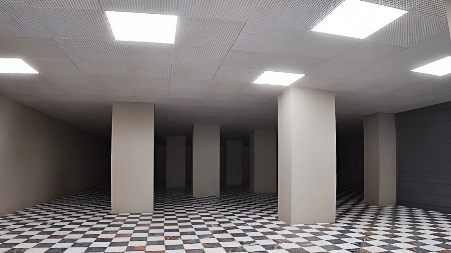 Wonderland: Dimly lit corridor with checkered floor and square columns in an eerie, empty setting