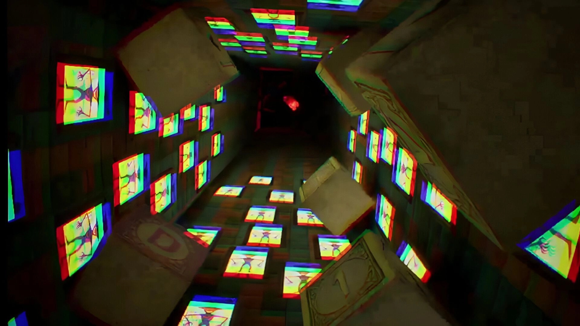 Wonderland: Distorted hallway filled with colorful, glitching screens displaying abstract figures