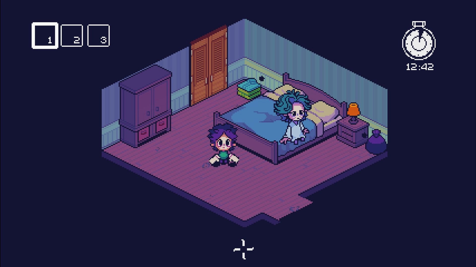Woo Woo: Player character in pixel bedroom beside girl on bed, with timer 12:42 and slots 1-3 UI.
