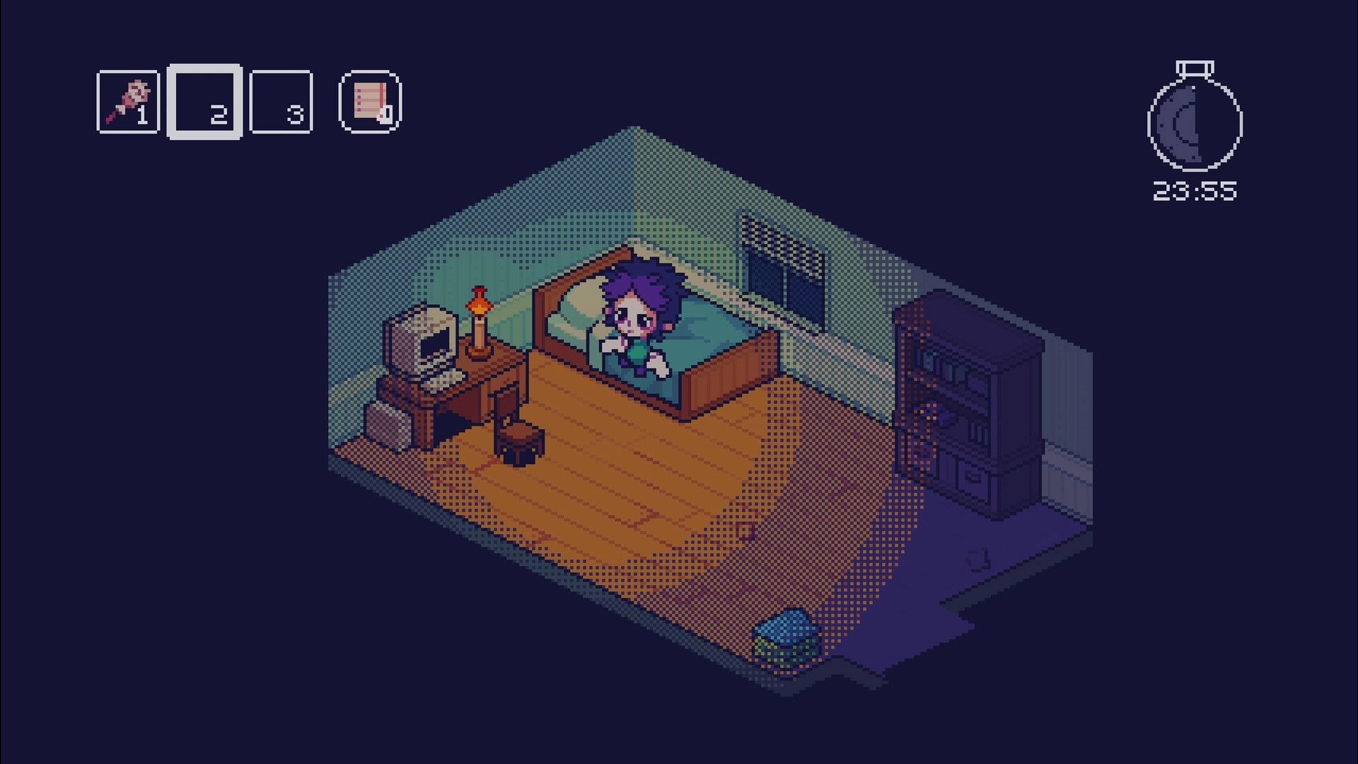 Woo Woo: Character sitting up in bed in a dim bedroom, hotbar and midnight timer at 23:55.