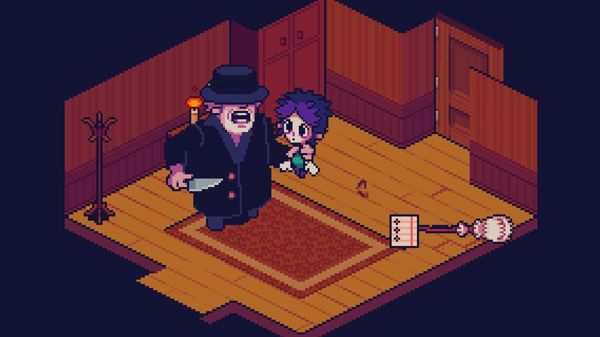 Woo Woo: Knife-wielding man in hat confronts small girl in wood hallway with broom and note UI.