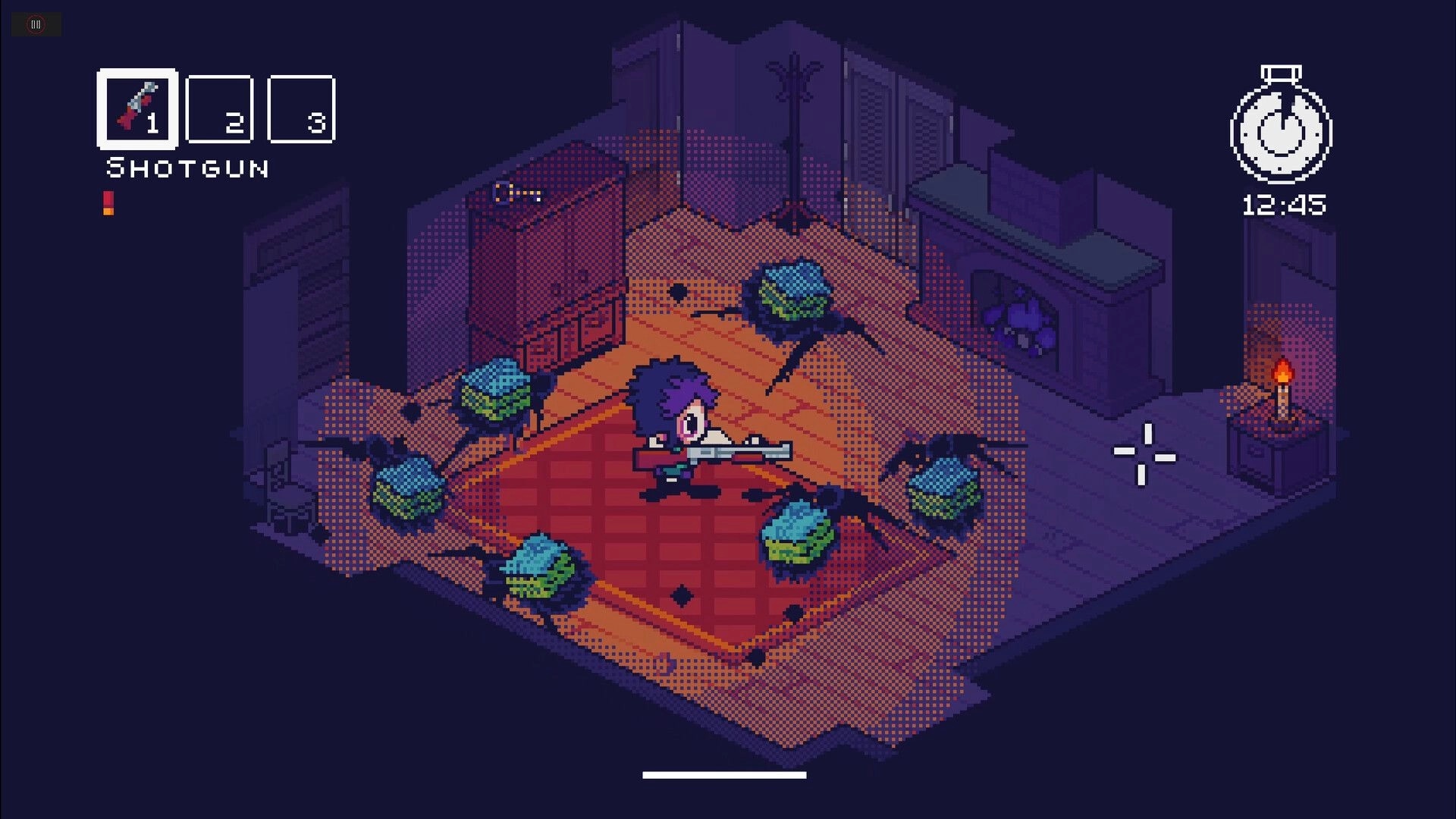Woo Woo: Player aims a shotgun at crawling blob monsters in a dim bedroom, timer reads 12:45.