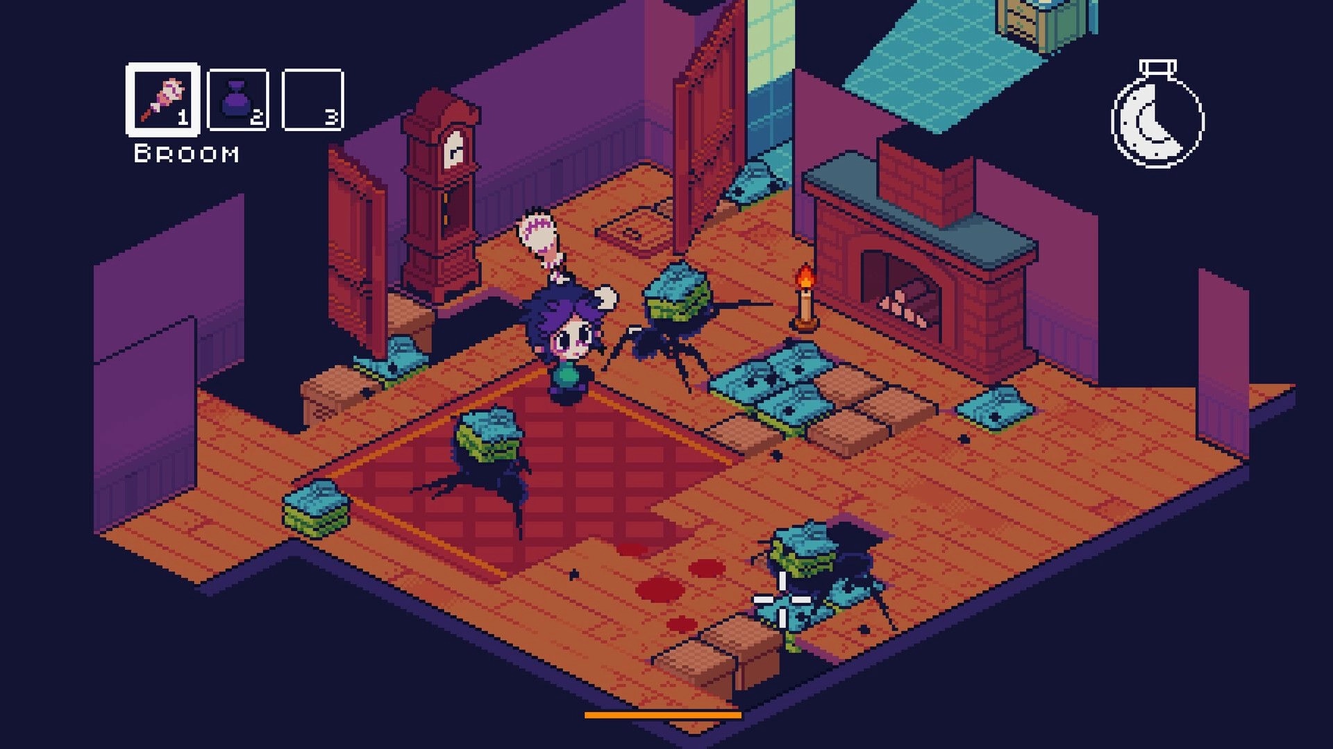 Woo Woo: Player stands by broom hotbar as spider-like sponge monsters roam a haunted living room.