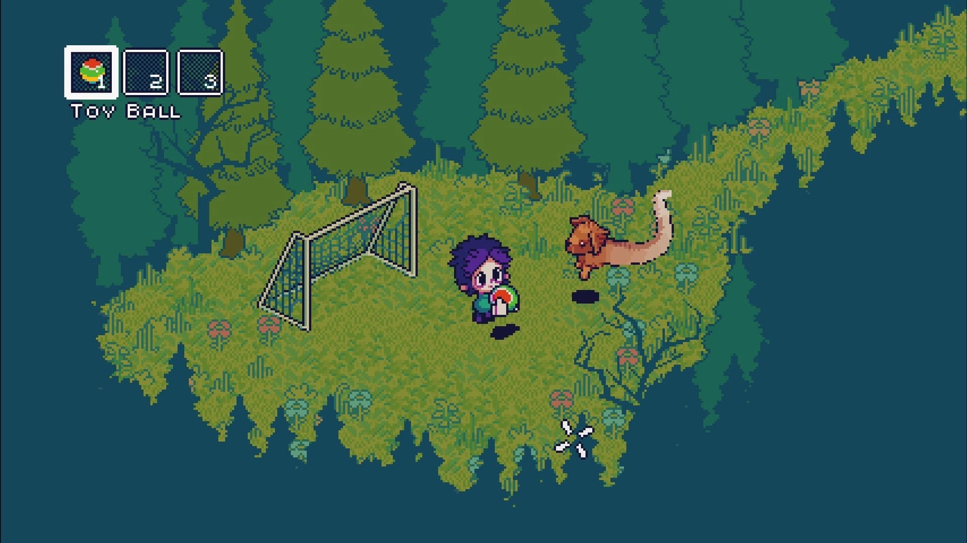 Woo Woo: Player holds a toy ball near a soccer goal and dog on a grassy forest clearing UI icons.