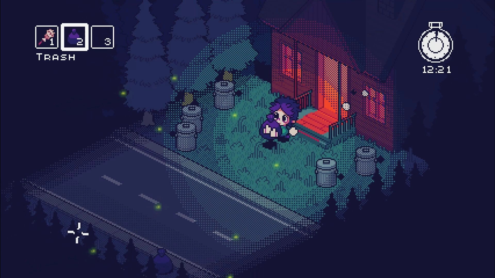 Woo Woo: Purple-haired character by glowing porch, trash UI slots and 12:21 timer in woods.