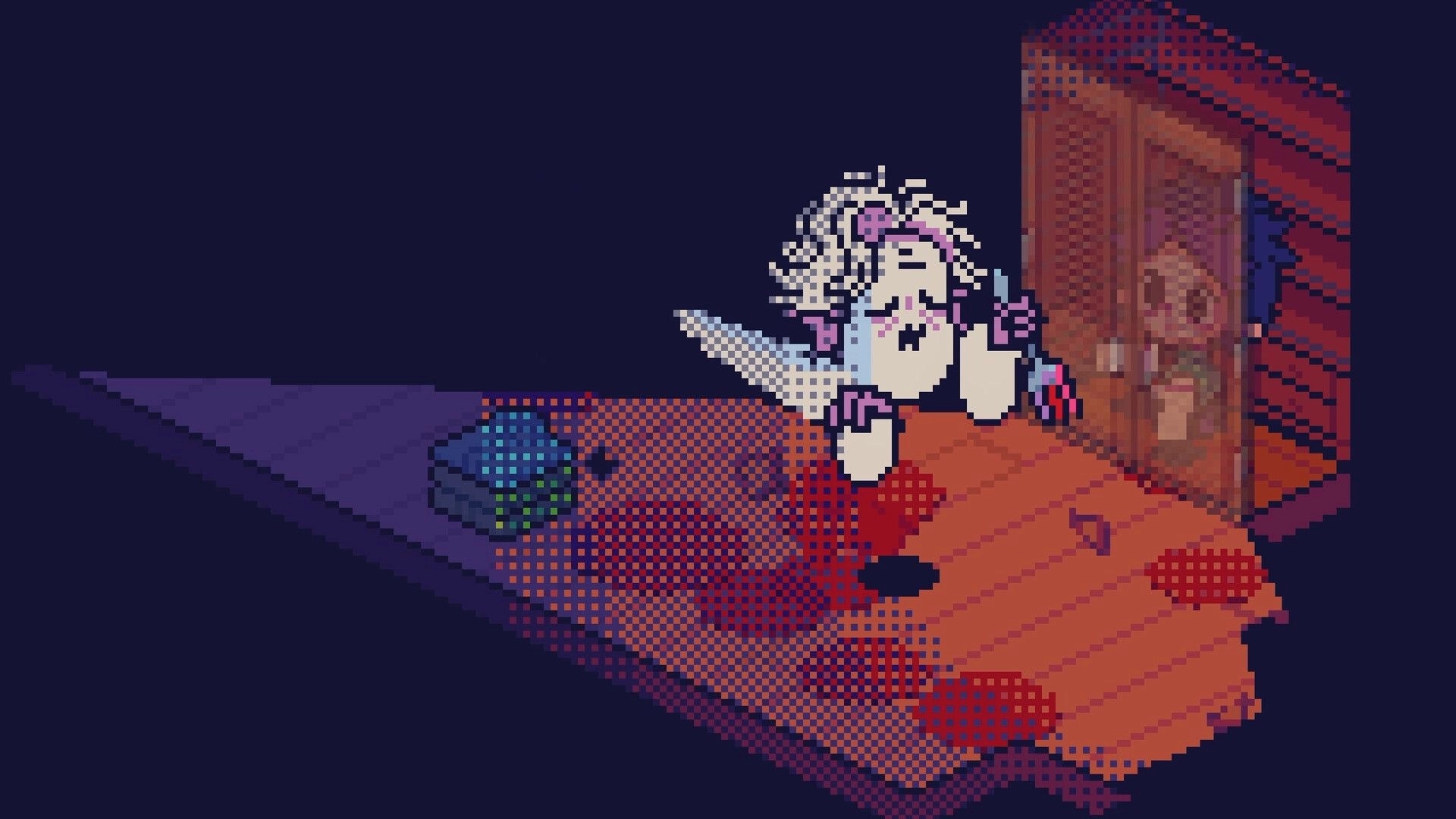 Woo Woo: Pixel character with knife beside a bloodstained rug and open wardrobe in dark room.