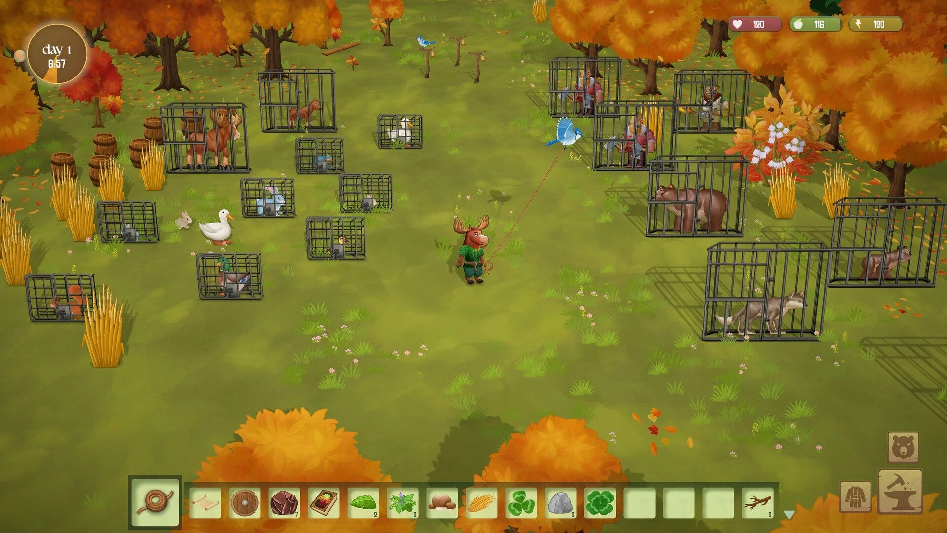 Woodland Rebels: Moose villager with net amid animal cages in an autumn forest clearing, UI bars visible.