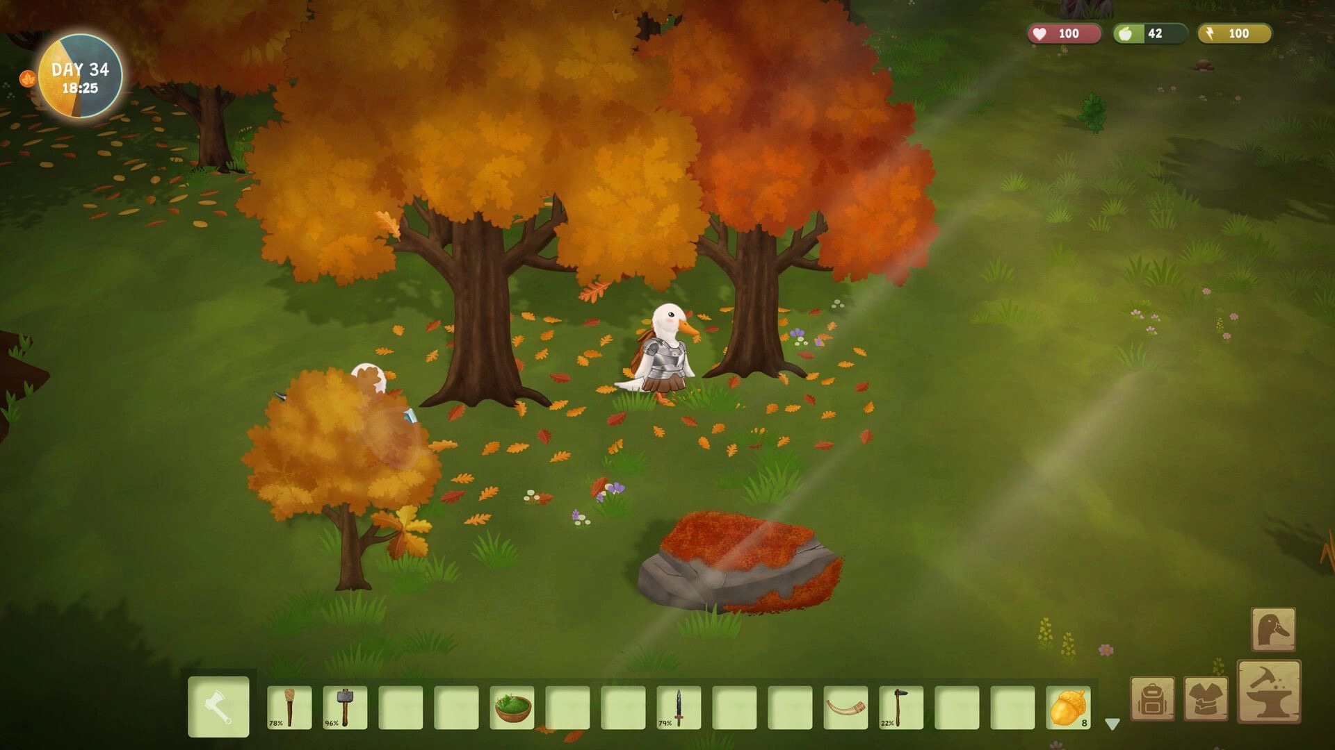 Woodland Rebels: Armored duck villager stands by autumn trees with day and stats UI in a forest clearing.