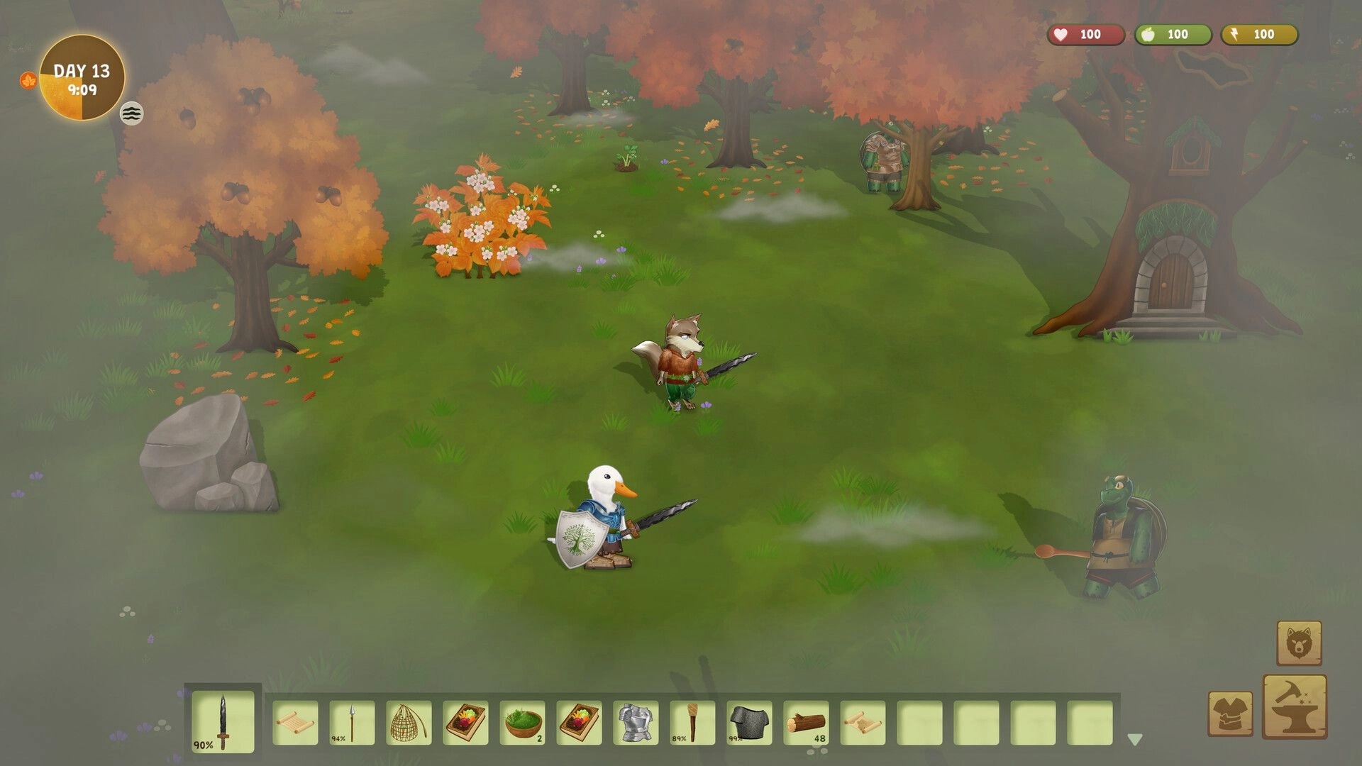 Woodland Rebels: Duck and fox warriors patrol near a treehouse as day/time and hotbar UI overlay.