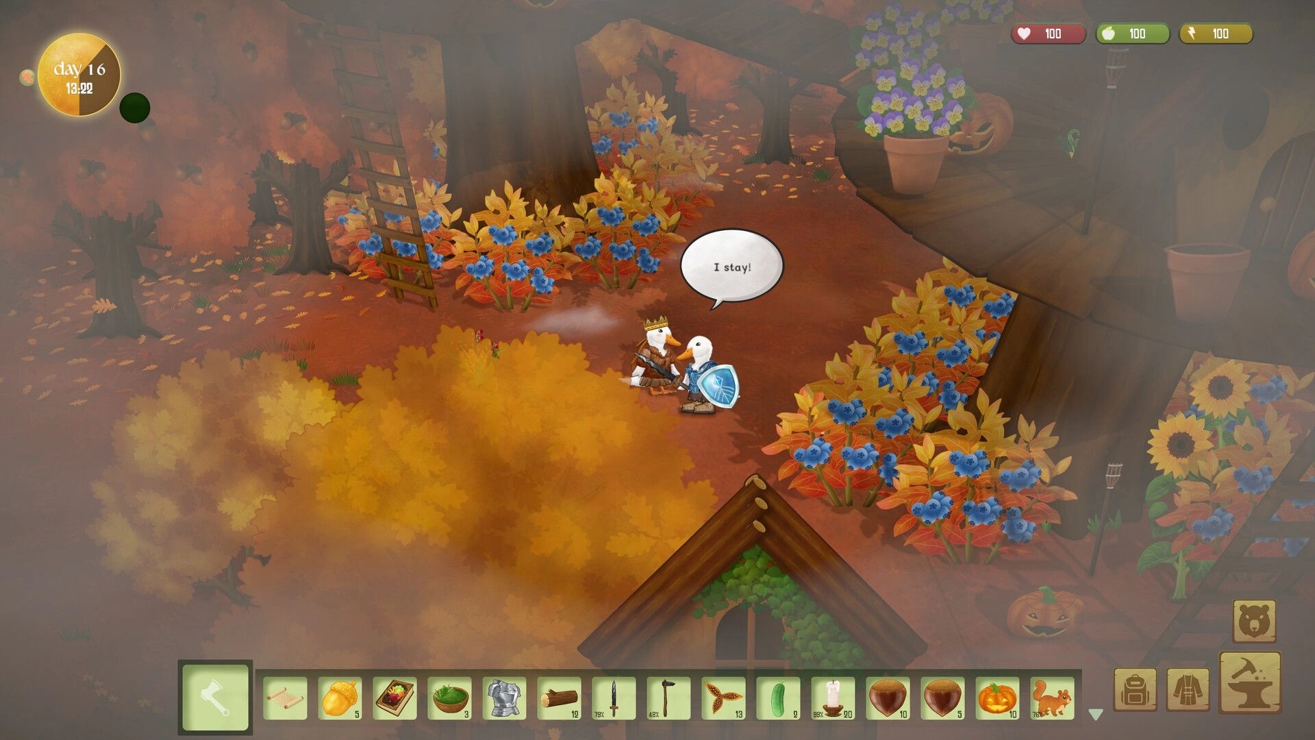 Woodland Rebels: Two duck villagers talk beside berry bushes in an autumn village, day 16 UI visible.