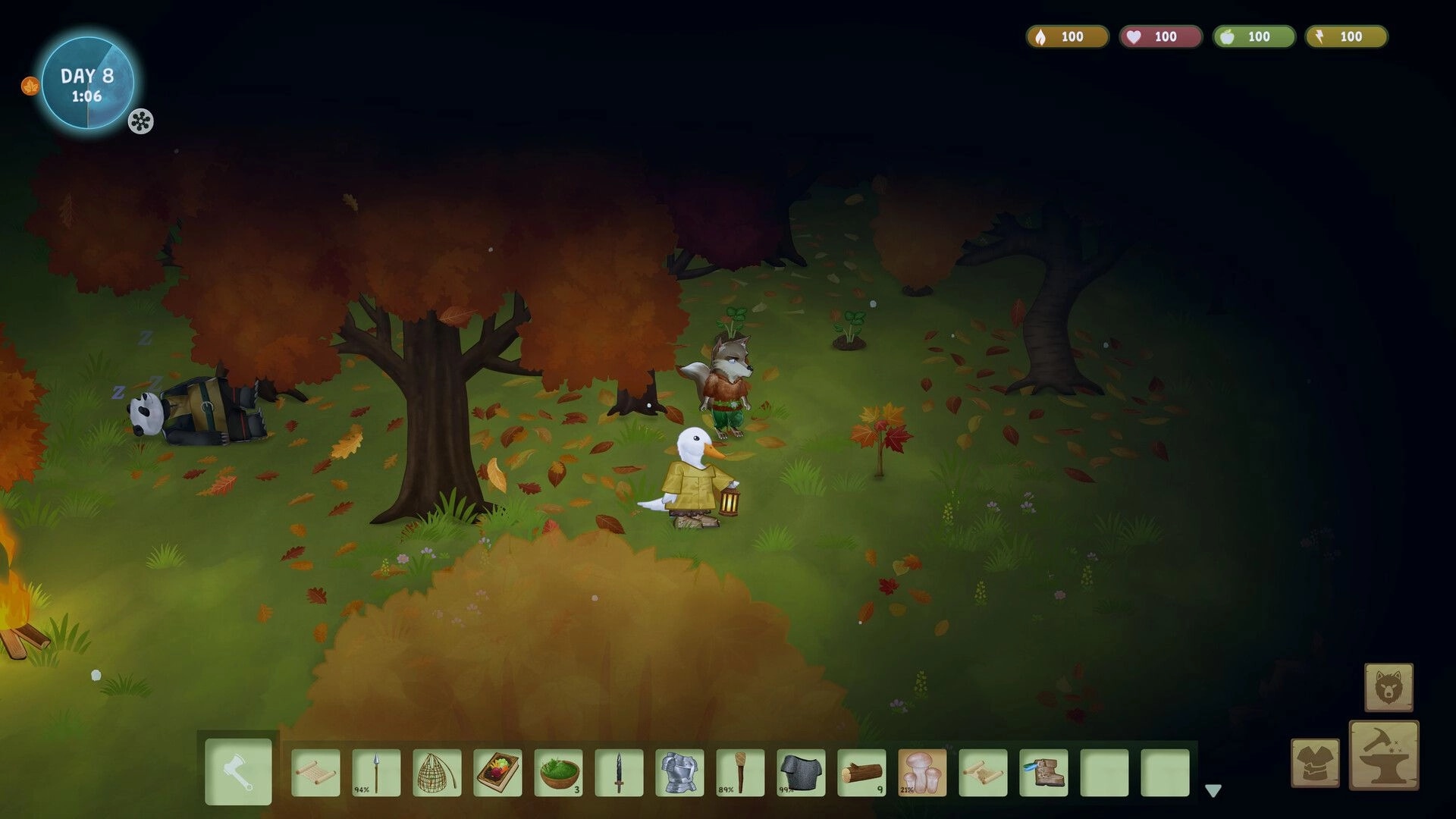 Woodland Rebels: Duck villager with lantern meets fox by sleeping panda in autumn forest camp UI.