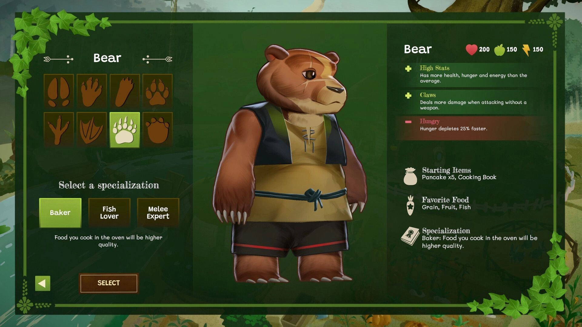 Woodland Rebels: Bear character select with Baker specialization highlighted in leafy green menu UI.