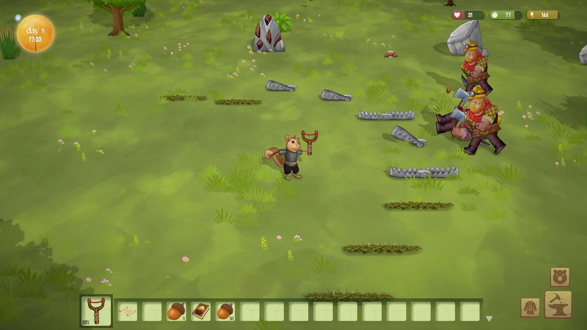 Woodland Rebels: Squirrel villager aims slingshot at two lumberjacks amid bear traps on grassy field UI visible.
