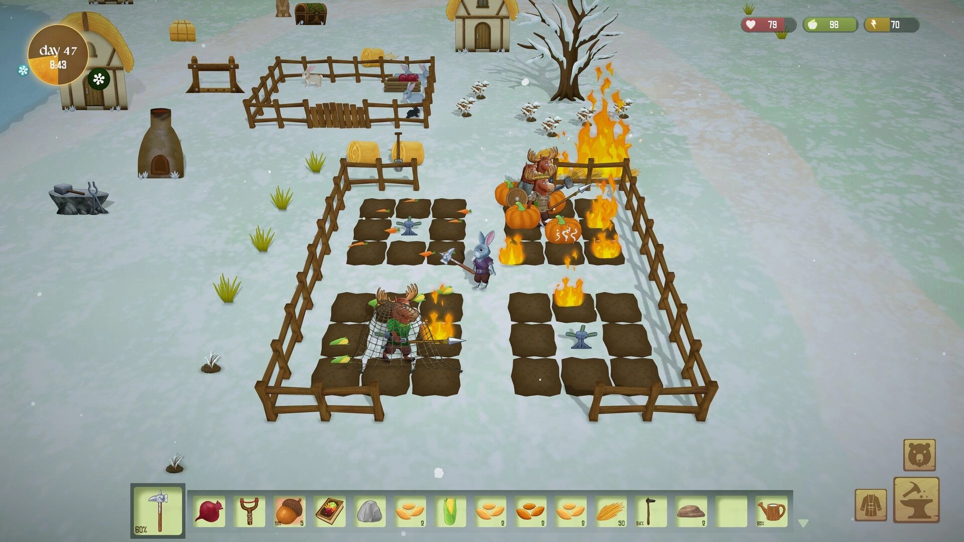 Woodland Rebels: Rabbit villager fights farm fire in snowy fenced plots with day 47 UI and hotbar.