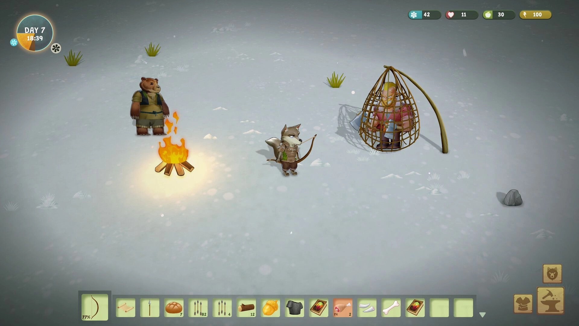 Woodland Rebels: Fox archer and bear guard a campfire by a caged human on snowy tundra UI bar.