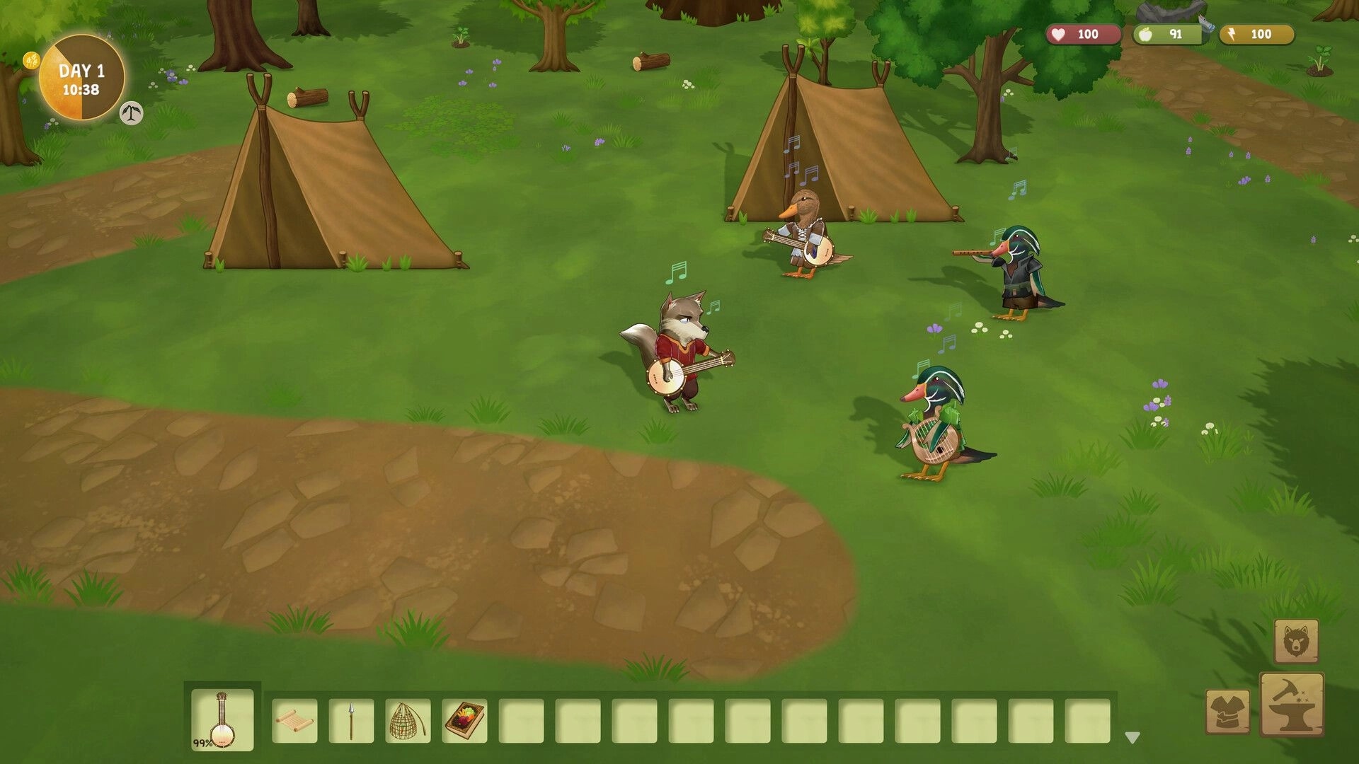 Woodland Rebels: Animal villagers play banjos and flutes by tents in a forest camp, Day 1 UI visible.