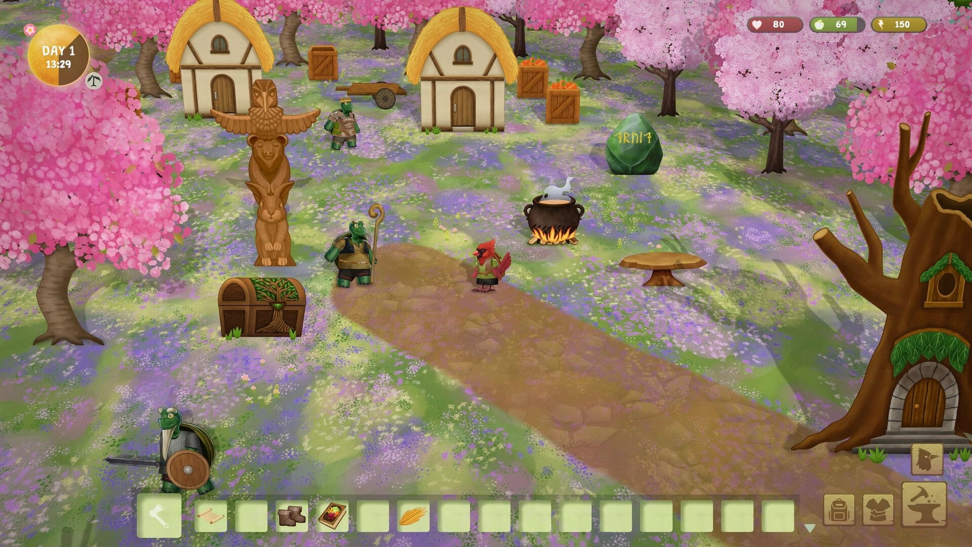 Woodland Rebels: Turtle villager and red bird by campfire pot in cherry grove village with UI bars.