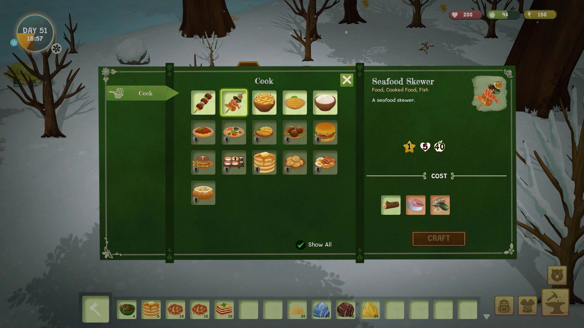 Woodland Rebels: Cooking menu selects Seafood Skewer in a snowy forest camp with resource HUD.