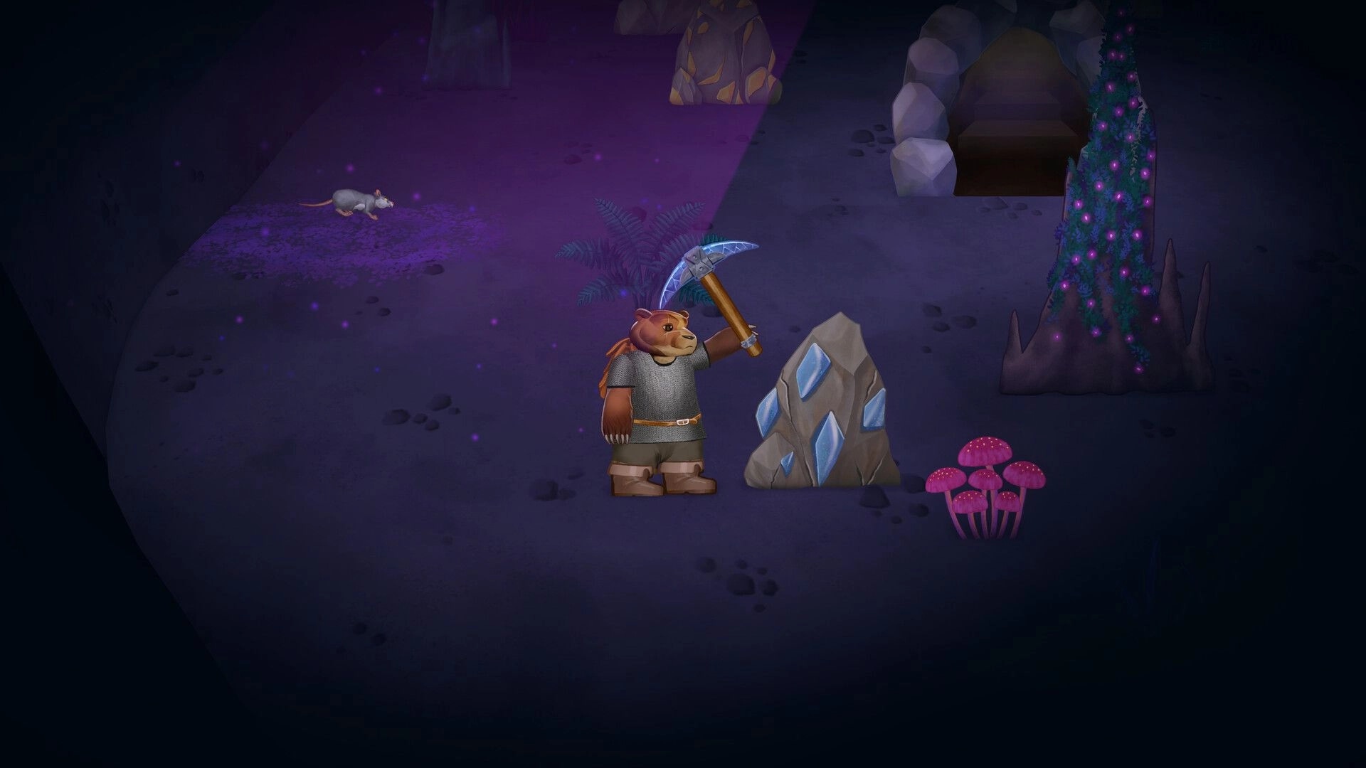 Woodland Rebels: Bear villager mining a blue crystal rock in a glowing cave with mushrooms and a rat.