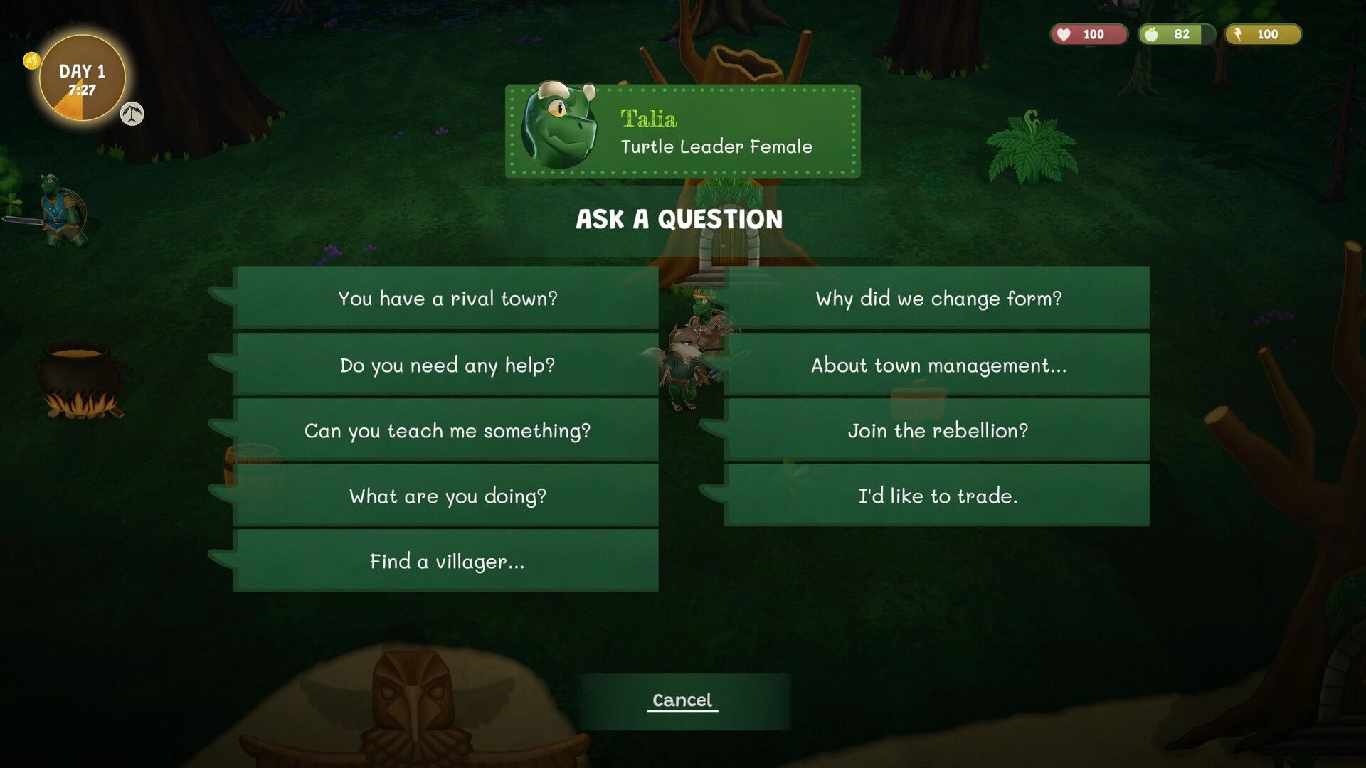 Woodland Rebels: Dialogue menu with Talia turtle leader offers questions in a dark forest camp.