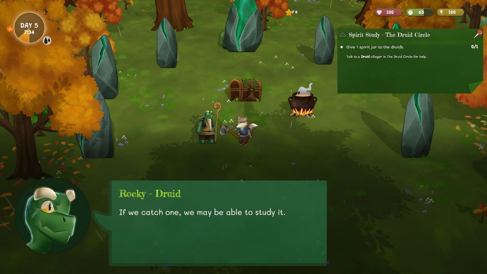 Woodland Rebels: Fox villager talks to Rocky the druid at a stone circle in autumn woods UI.