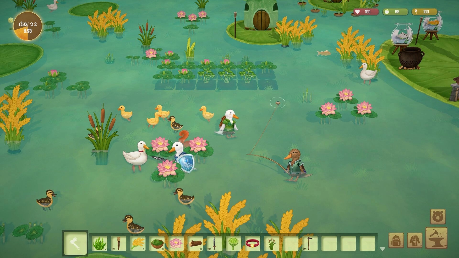 Woodland Rebels: Duck villager fishing beside lily pads in a flooded marsh with day 22 UI and hotbar.