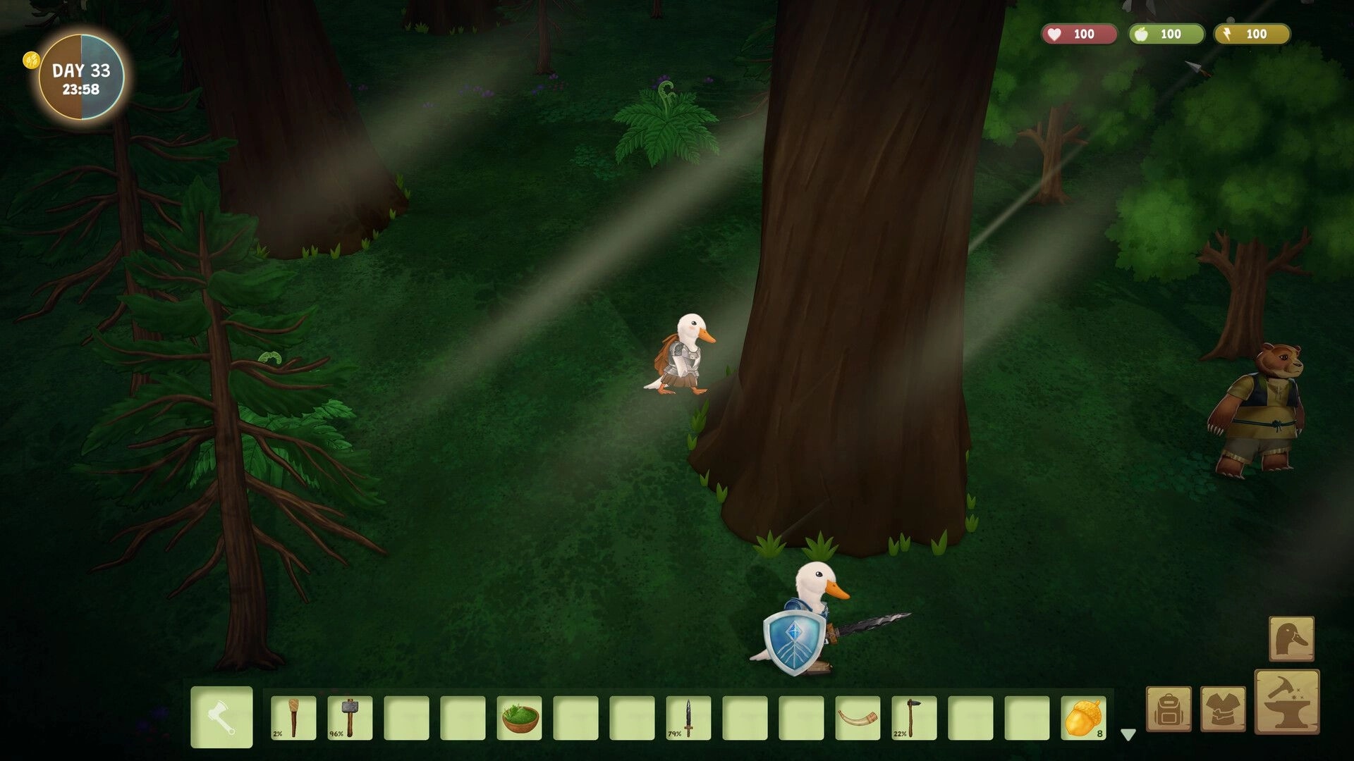 Woodland Rebels: Duck warrior with shield and spear faces bear villager in misty forest UI day 33.