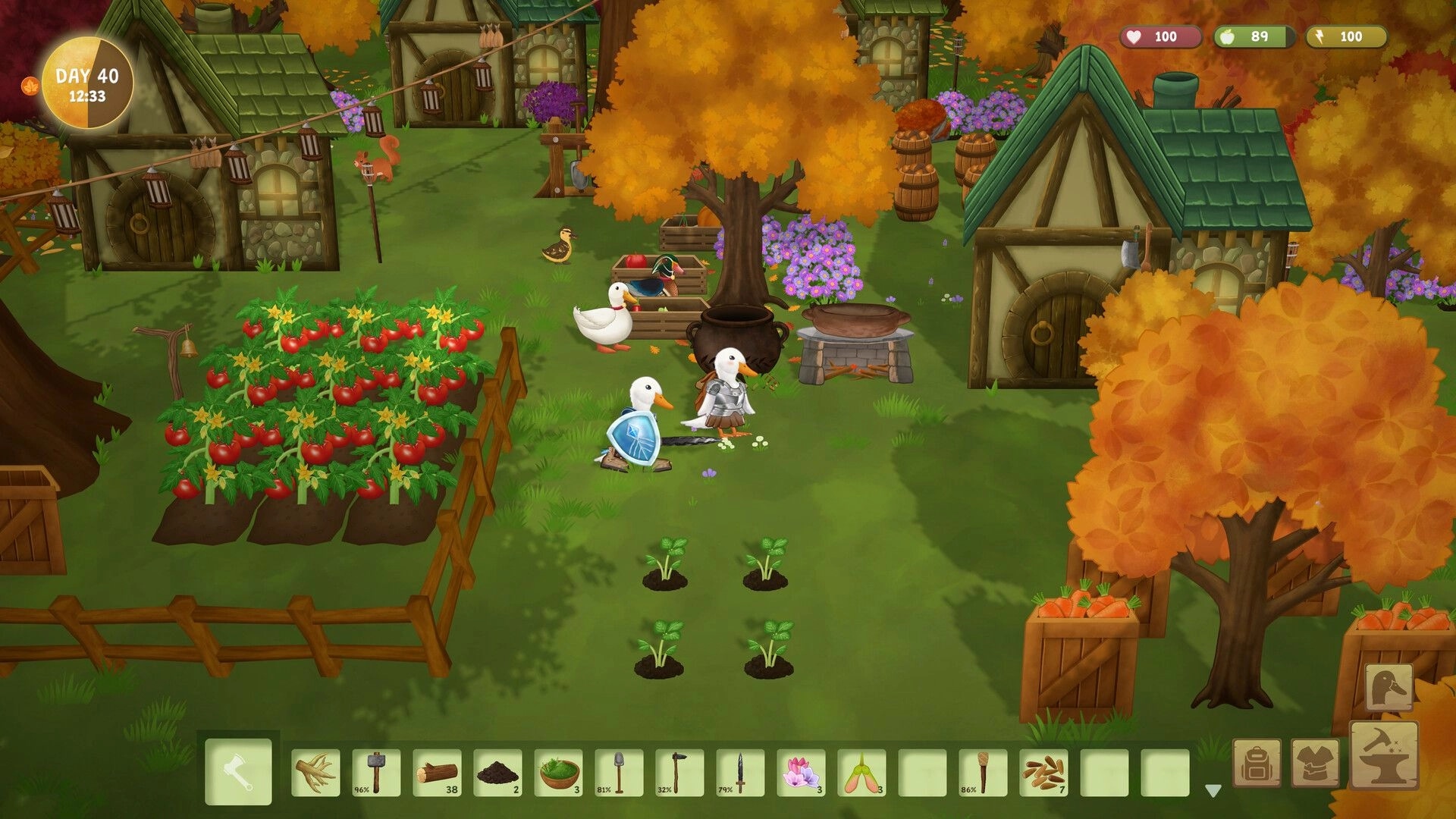 Woodland Rebels: Armored duck villagers by cooking pot and tomato farm in autumn village UI.