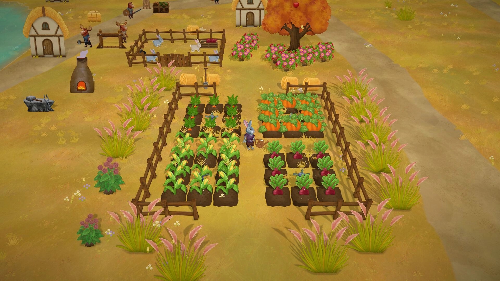 Woodland Rebels: Rabbit villager waters fenced crops beside huts and a rabbit pen in sunny meadow.