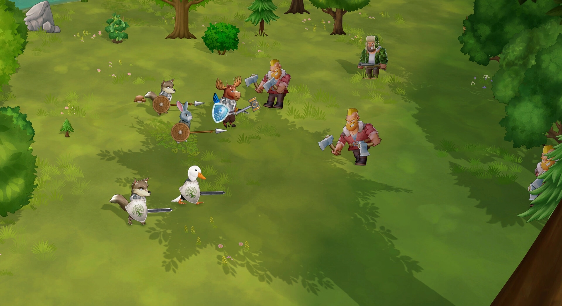 Woodland Rebels: Animal militia faces axe-wielding humans in a grassy forest clearing with trees.